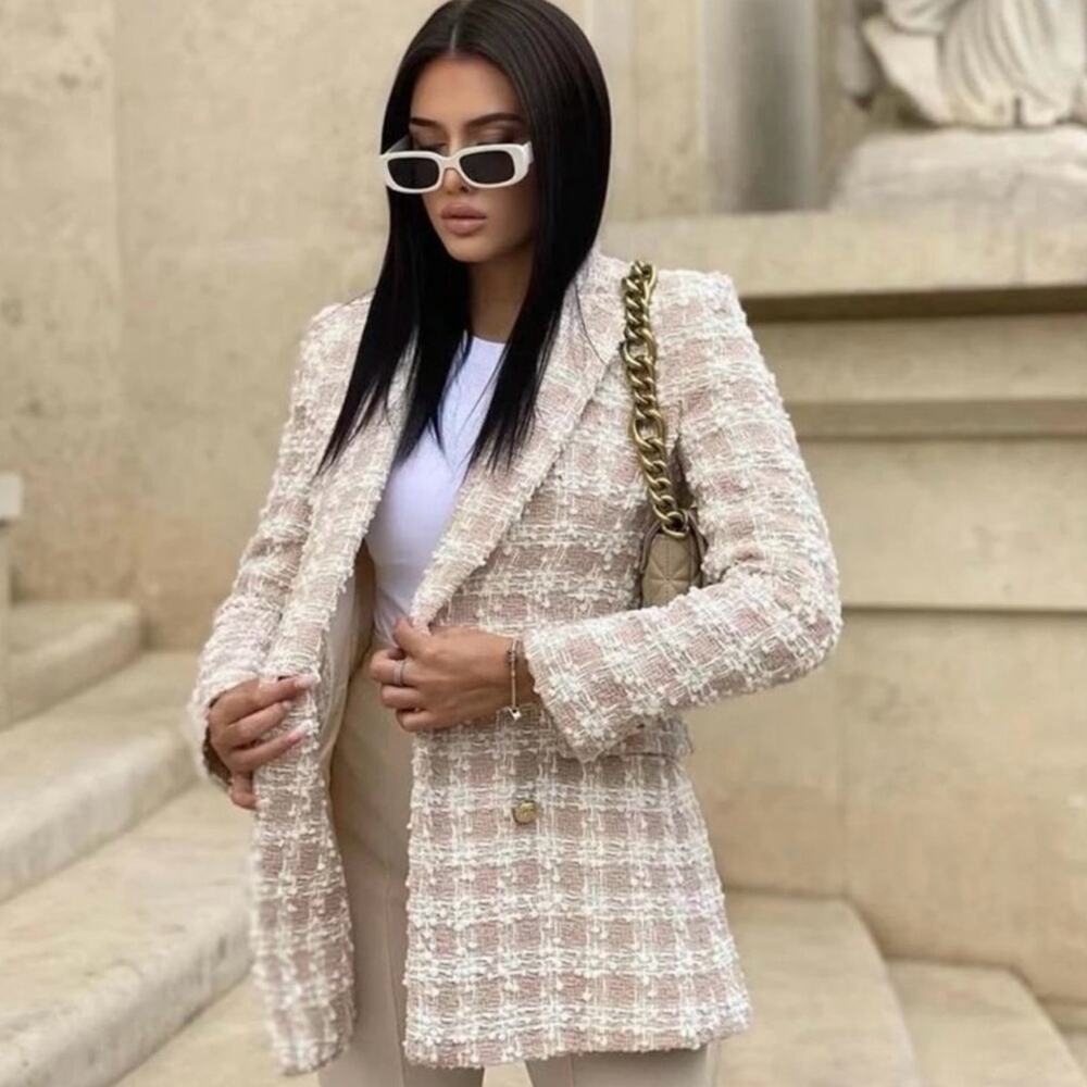 NWOT Zara Textured Tweed Light Pink Double Breasted Blazer. Blogger fave. - Picture 2 of 12